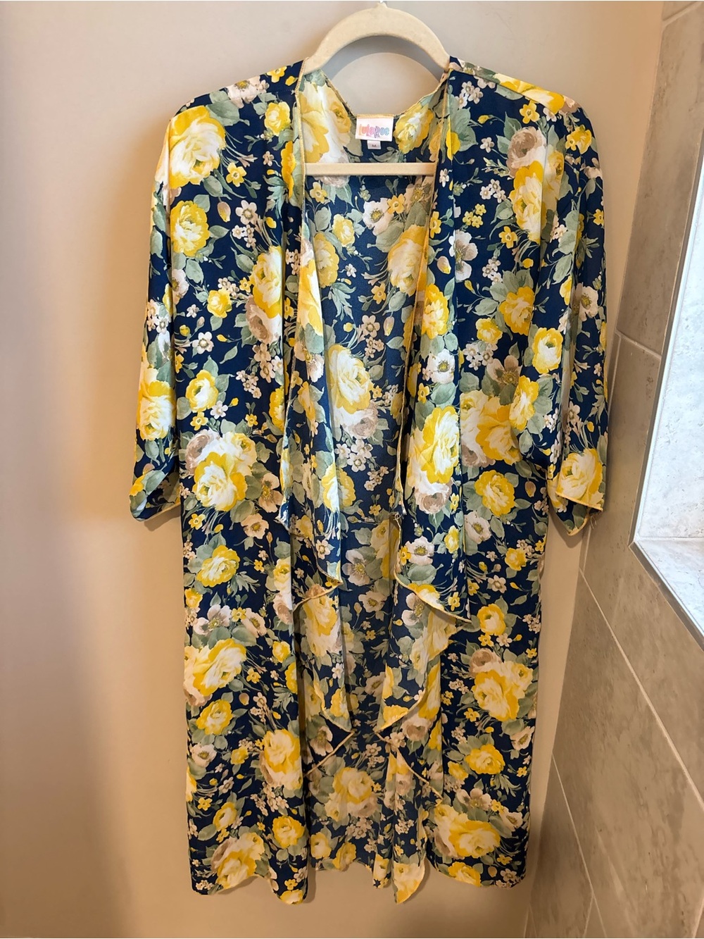 LuLaRoe Navy Floral Open Kimono with Yellow Roses